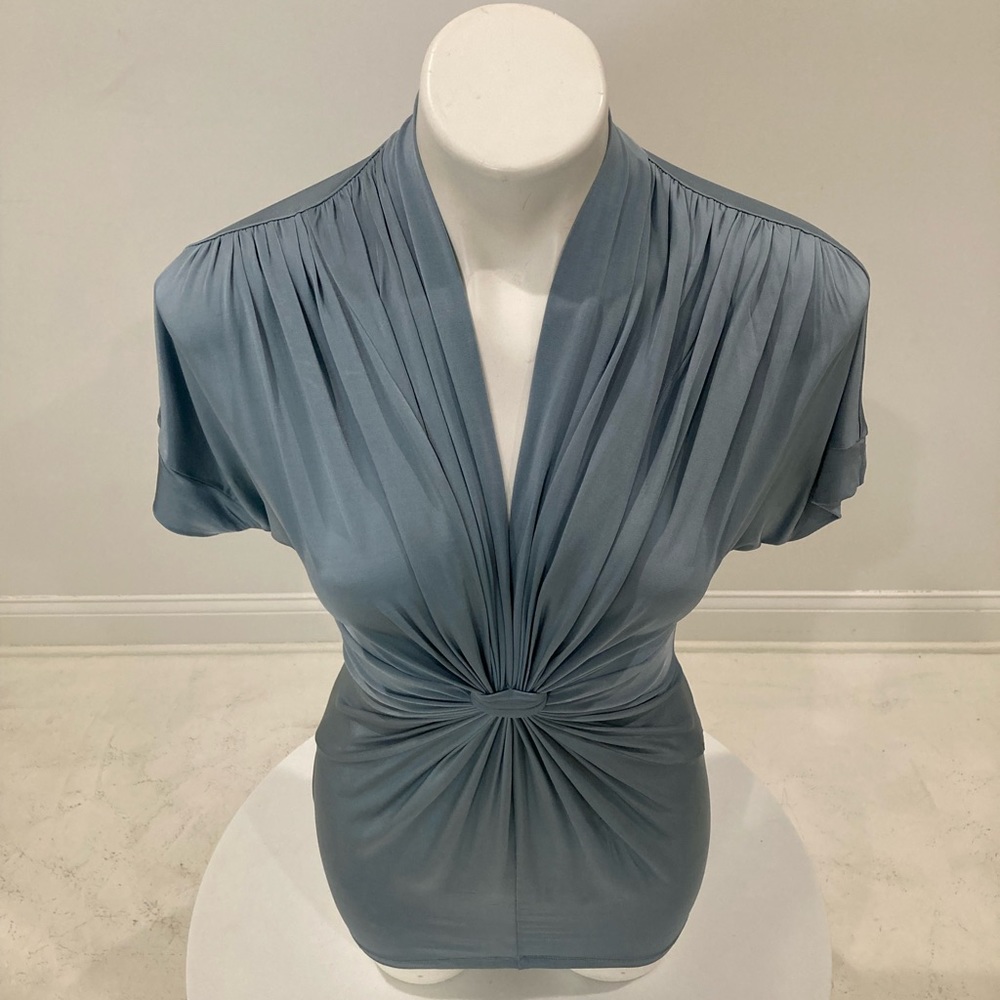 BCBG Maxazria ladies short sleeve dressy silky blouse ruched v neck sky blue S - Picture 7 of 13